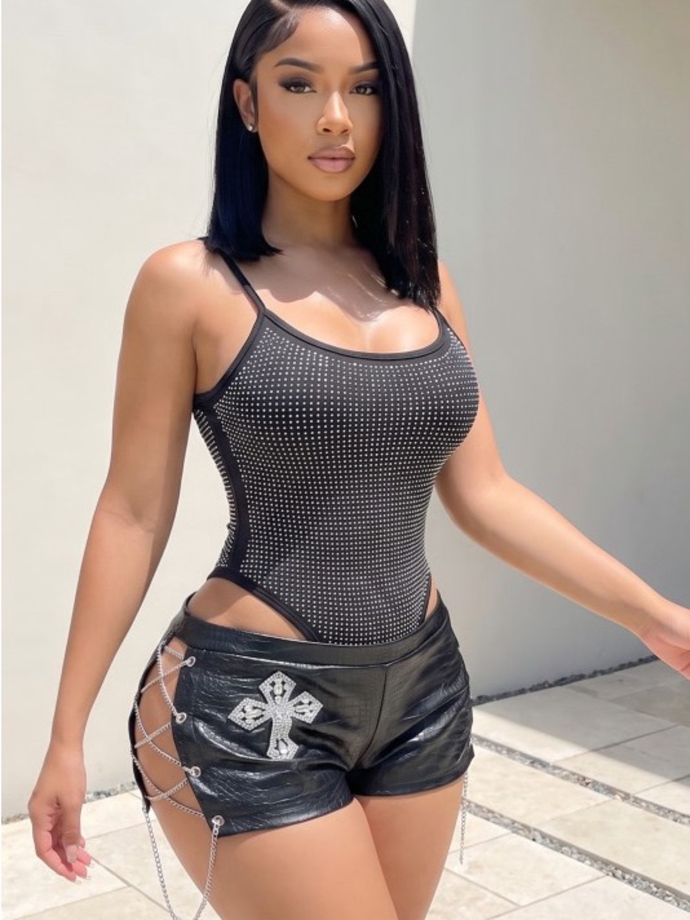 Black Studded Slim Fit Bodysuit - Women's Sexy Scoop Neck